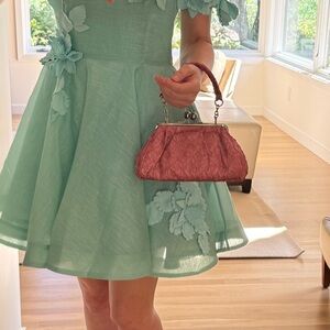 NWOT Evening pouch with handle, pink metallic fabric